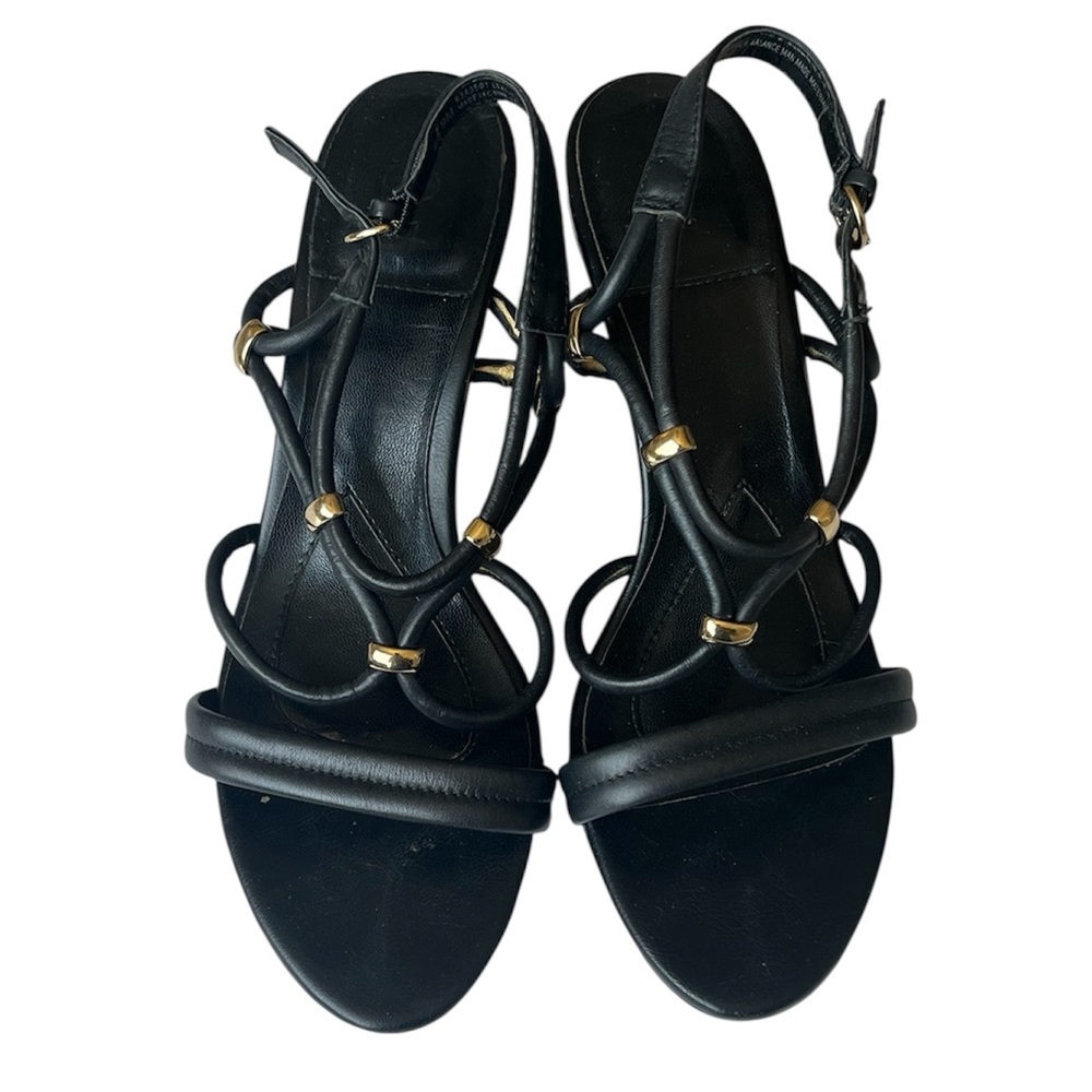 Isola Elegant Black Strappy Wedge Sandals with Gold Accents Size 9